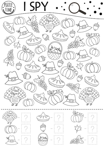 Premium vector thanksgiving black and white i spy game for kids searching and counting activity or coloring page with turkey pumpkin funny autumn printable worksheet for kids simple fall line puzzlexa