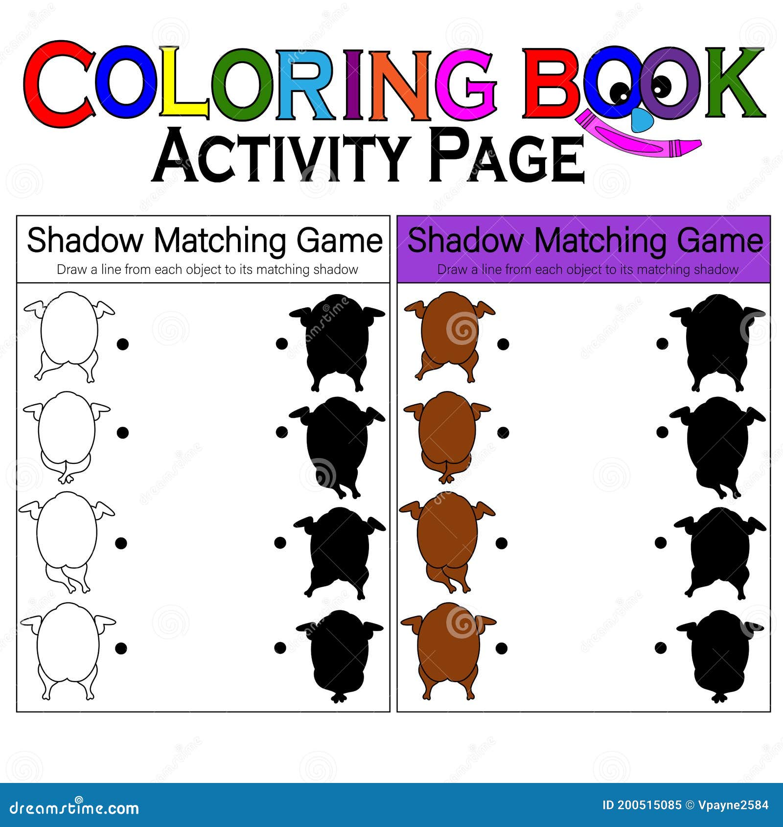 Shadow matching game funny turkey puzzle game for kids coloring book black white and color version stock vector