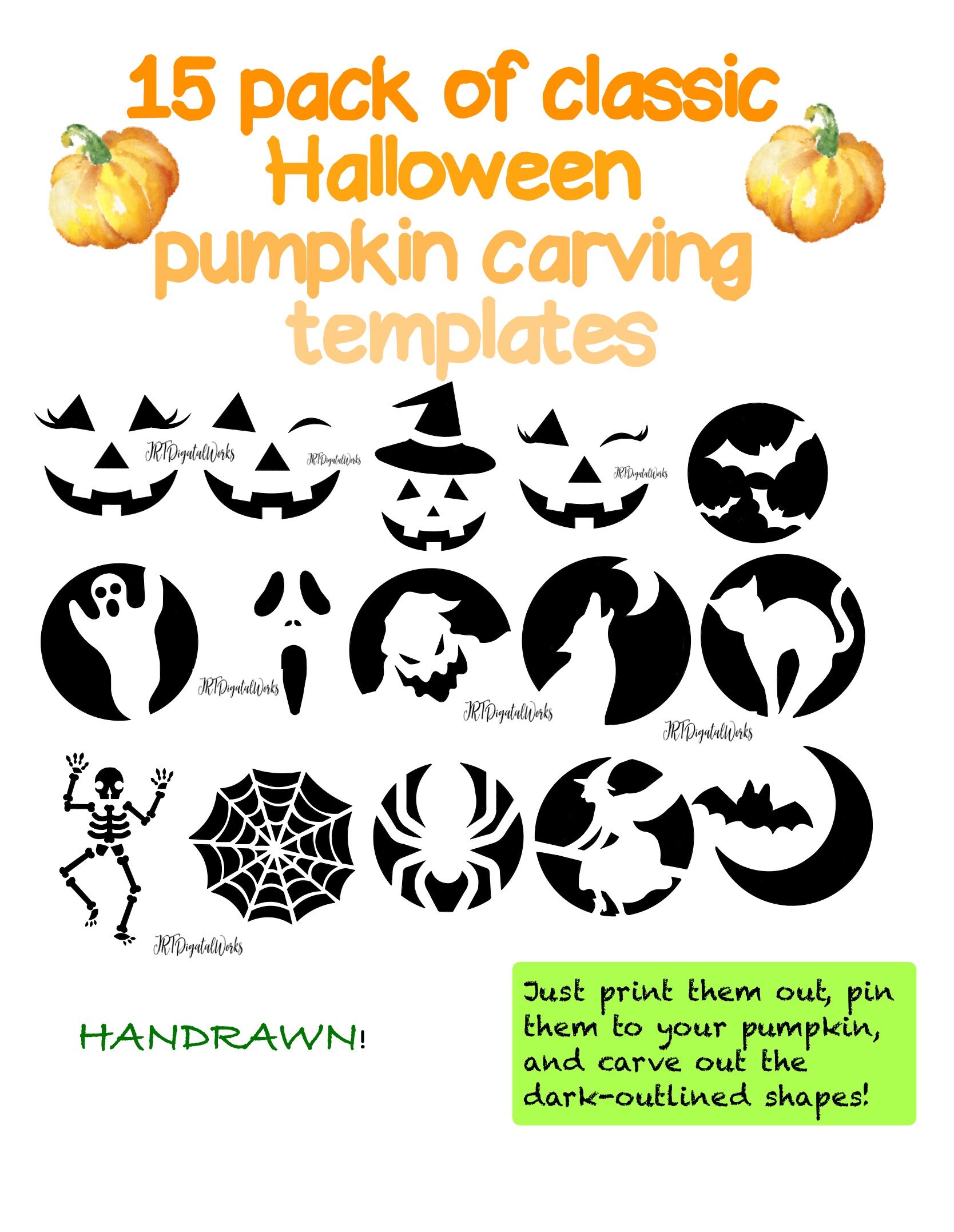 Handrawn digital printable pumpkin carving stencilstemplates