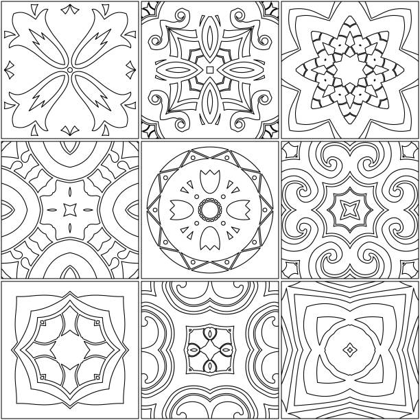 Ceramic tiles black lines on a white background for the coloring book vector illustration stock illustration