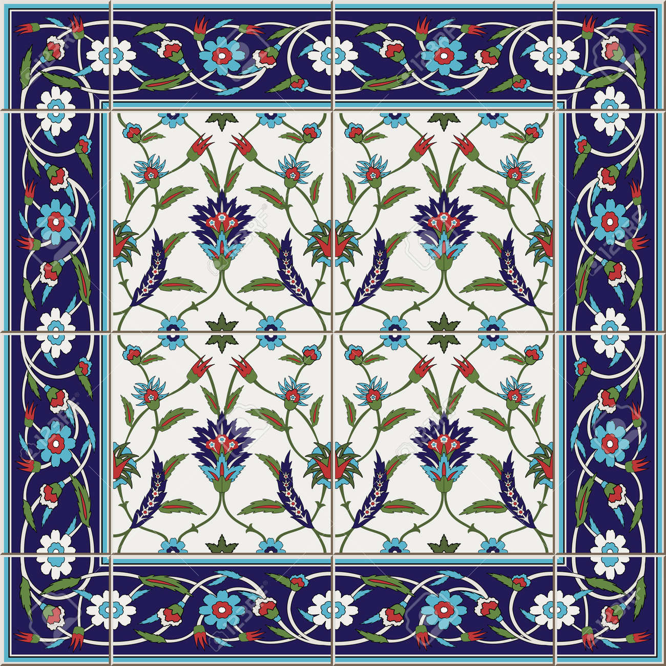 Gorgeous seamless pattern from tiles and border moroccan portuguese turkish azulejo ornaments can be used for wallpaper pattern fills web page backgroundsurface textures royalty free svg cliparts vectors and stock illustration image