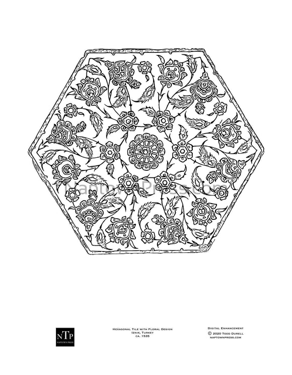 Printable coloring page turkish hexagonal tile with floral design â naptown press