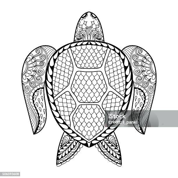 Hand drawn sea turtle for adult coloring pages stock illustration