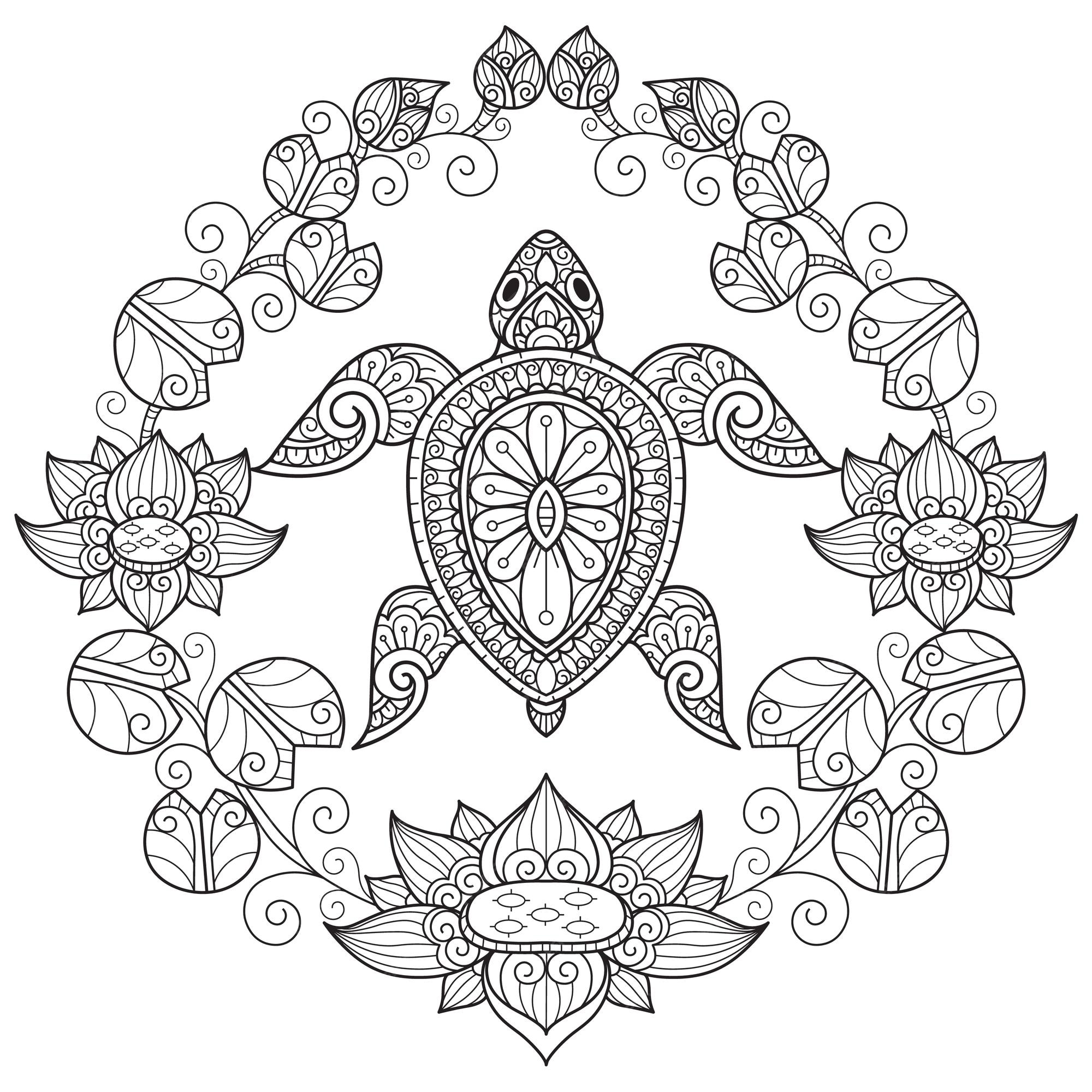 Premium vector turtle and water lily hand drawn sketch illustration for adult coloring book