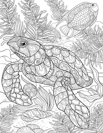 A cute turtle with ornaments on the abstract background image for relaxing activitya coloring bookpage for adultszen art style illustration for printposter design royalty free svg cliparts vectors and stock illustration image