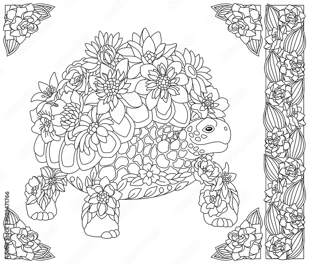 Adult coloring book page floral turtle ethereal animal consisting of flowers and leaves vector