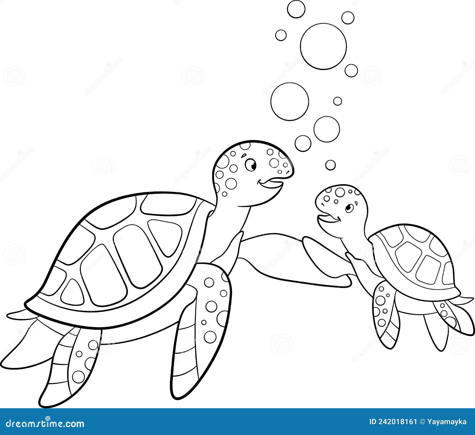 Coloring page mother sea turtle swims with her little cute baby sea turtle and smiles stock vector