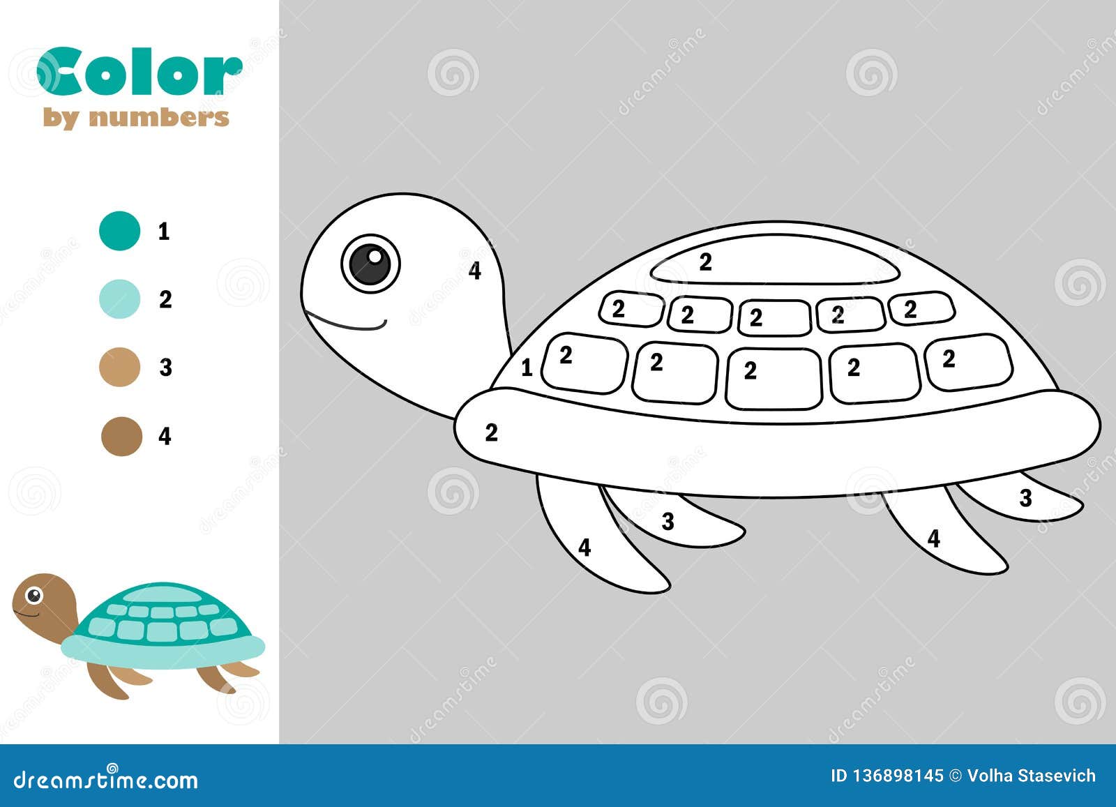 Turtle in cartoon style color by number education paper game for the development of children coloring page kids preschool stock illustration