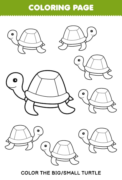 Premium vector education game for children coloring page big or small picture of cute cartoon turtle line art printable underwater worksheet