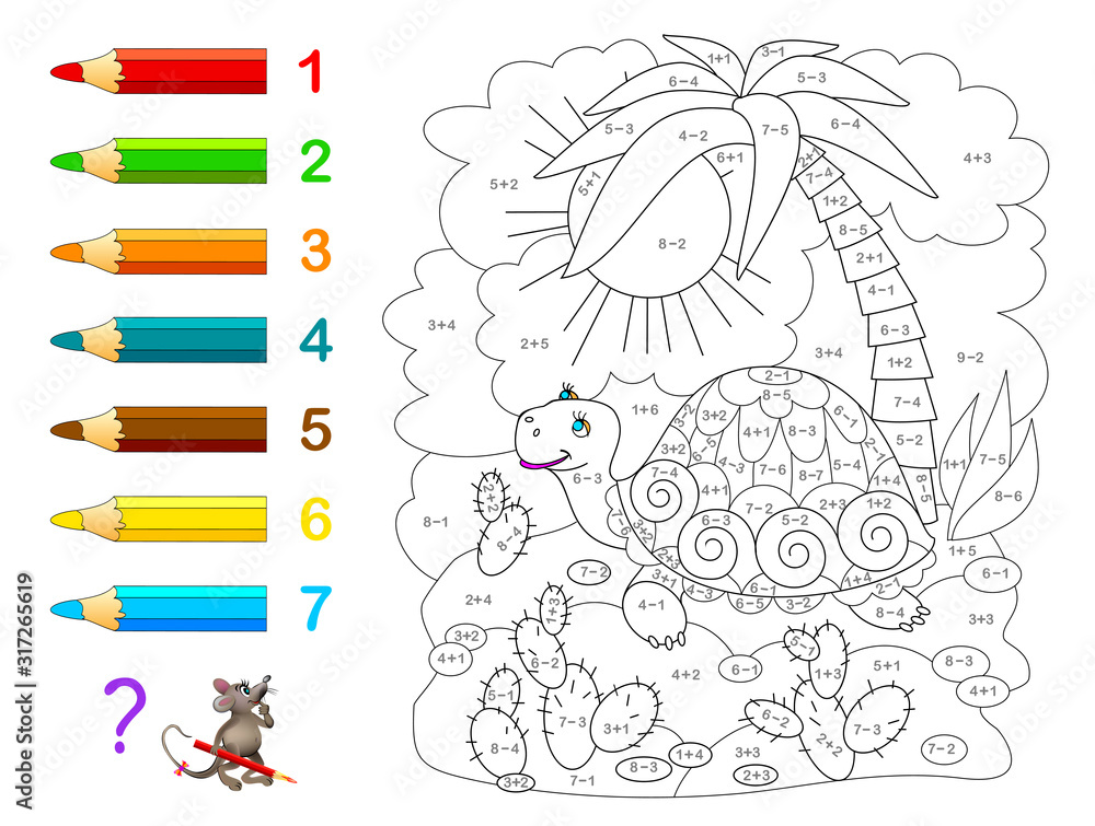 Vecteur math education for children coloring book mathematical exercises on addition and subtraction solve examples and paint the turtle developing counting skills printable worksheet for kids textbook