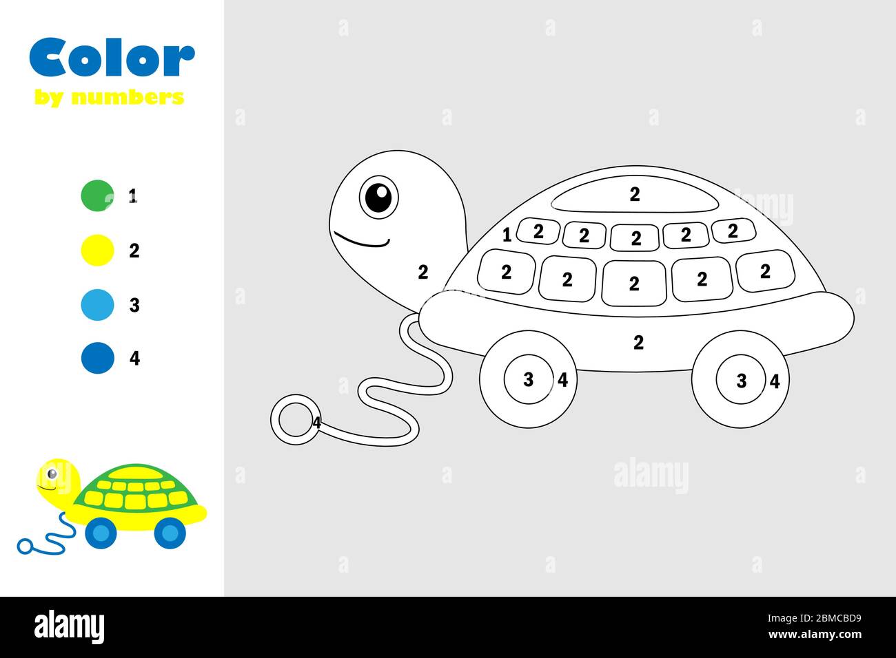 Turtle toy in cartoon style color by number education paper game for the development of children coloring page kids preschool activity printable stock vector image art