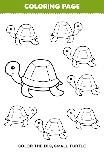 Premium vector education game for children coloring page big or small picture of cute cartoon turtle line art printable underwater worksheet