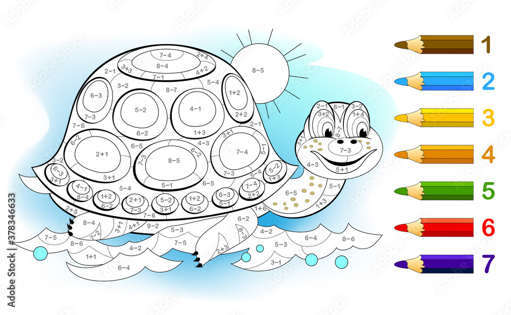 Math education for little children coloring book mathematical exercises on addition and subtraction solve examples and paint the turtle developing counting skills printable worksheet for kids vector