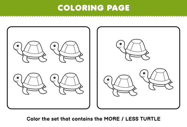 Premium vector education game for children coloring page more or less picture of cute cartoon turtle line art set printable underwater worksheet