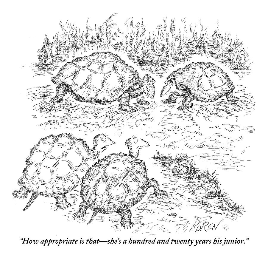Two turtles look on as a male and female turtle by edward koren