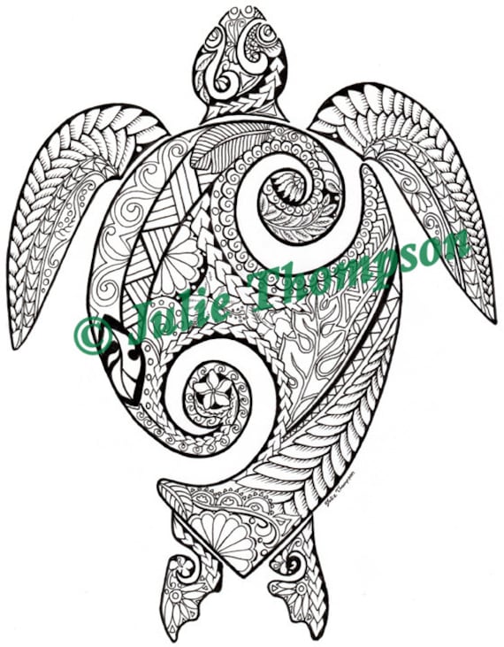 Tribal green sea turtle hand drawn coloring page