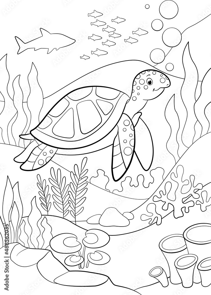 Coloring page little cute green sea turtle swims underwater and smiles vector