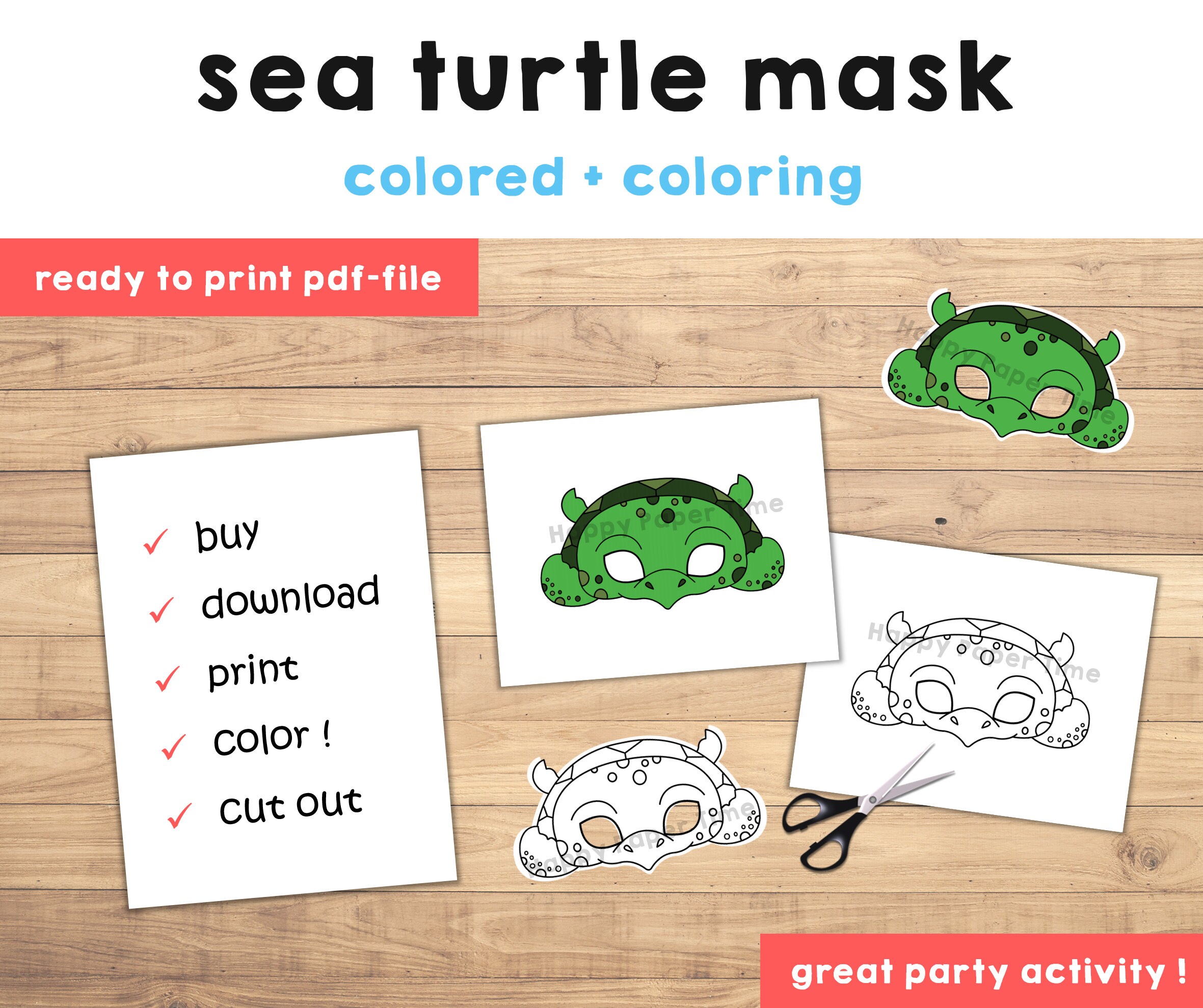 Sea turtle mask template costume kids diy ocean sea animal party fun favor printable coloring easy craft kids instant download
