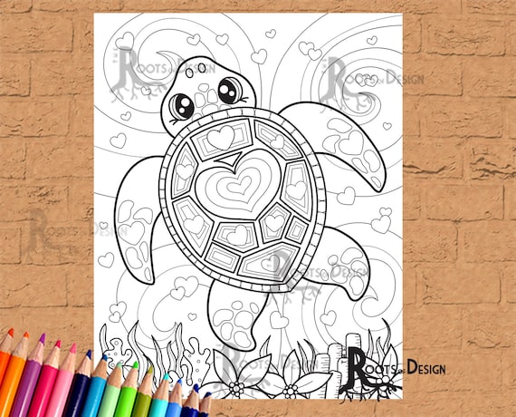 Instant download coloring page valentine sea turtle heart print doodle art printable