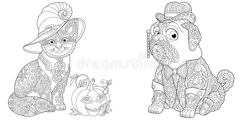 Coloring pages with halloween cat and pug dog stock vector
