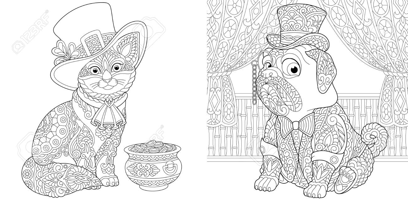 Animal coloring pages leprechaun cat with gold pot and pug dog in retro tuxedo and hat line art design for adult or kids colouring book in zentangle style vector illustration royalty free
