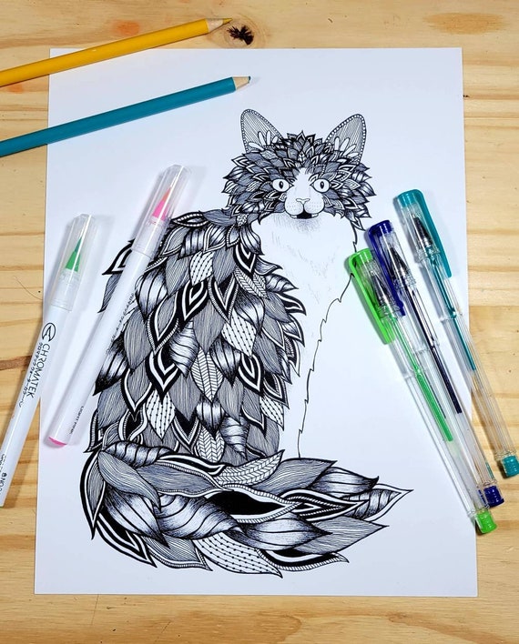 Tuxedo cat coloring page for adults multiple format downloadable coloring page