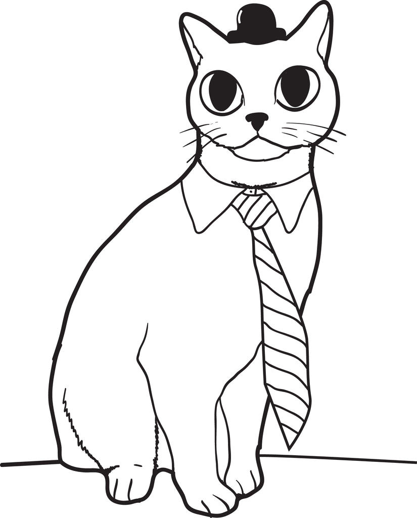 Cat wearing a hat and tie printable coloring page for kids â