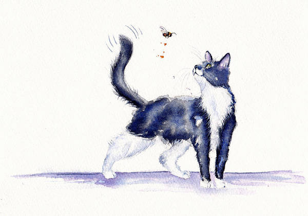 Tuxedo cat and bumble bee art print by debra hall