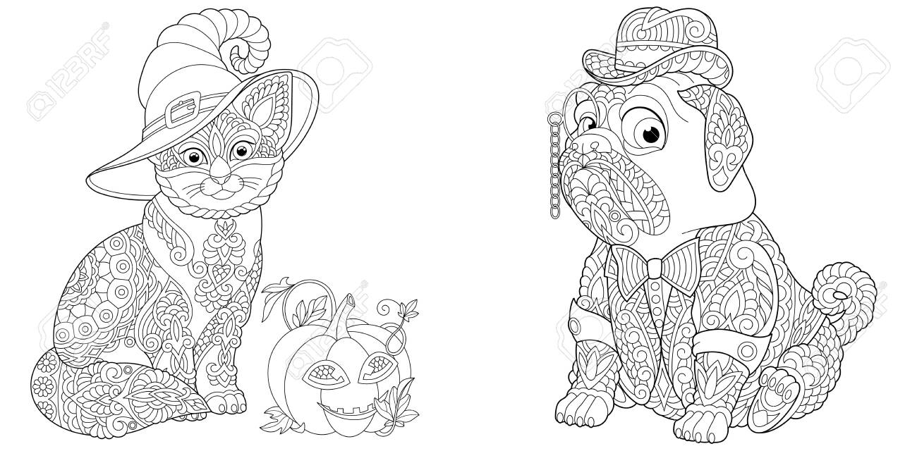 Coloring pages cute cat with halloween pumpkin elegant pug dog in tuxedo and bowler hat line art design for adult colouring book with doodle and elements vector illustration royalty free svg cliparts