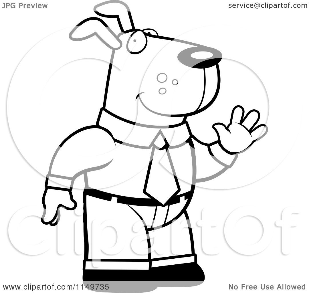 Cartoon clipart of a black and white business dog standing and waving
