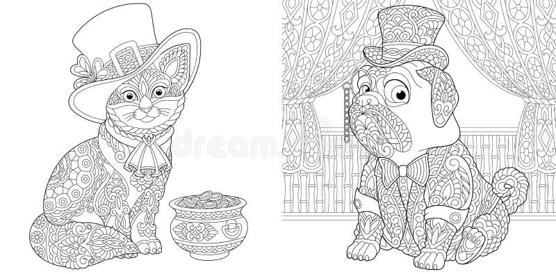 Coloring pages with cat and pug dog stock vector