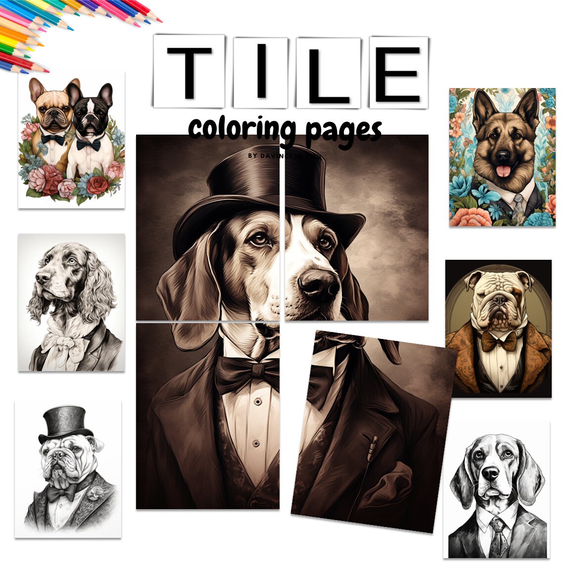 Dogs in tuxedos coloring pages plus tile style posters includes grayscale ultra hd images download for dog lovers