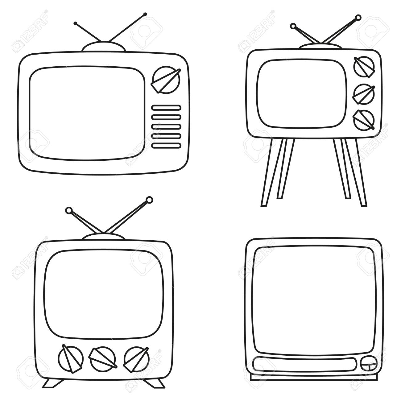 Line art black and white retro tv set coloring page for adults and kids media theme vector illustration for icon sticker sign patch certificate badge gift card label poster flayer invitation royalty