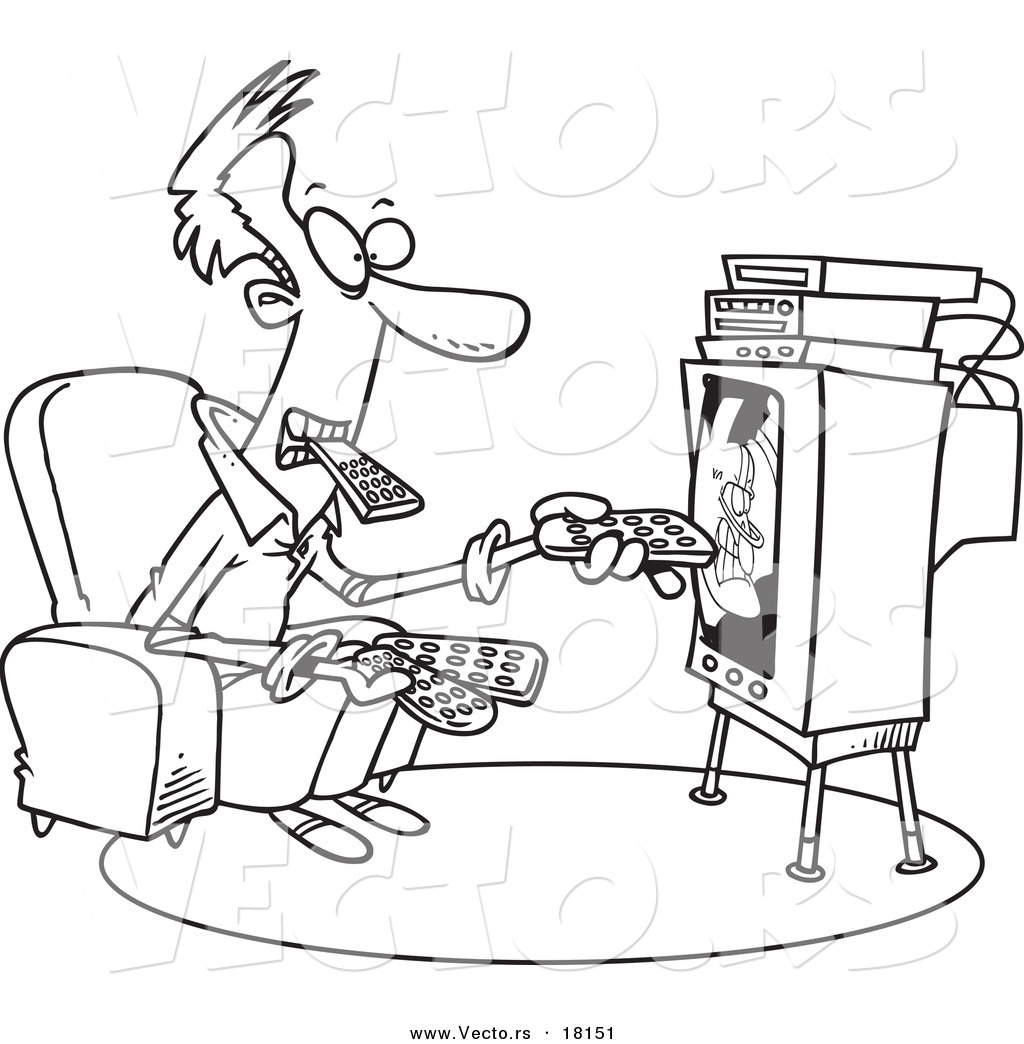R of a cartoon man holding many remotes and watching tv