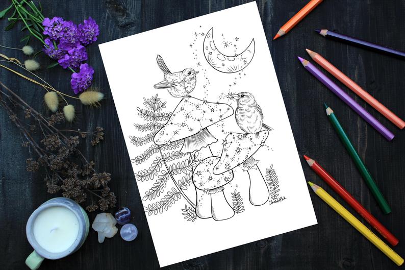 Mushroom birds chibi coloring page