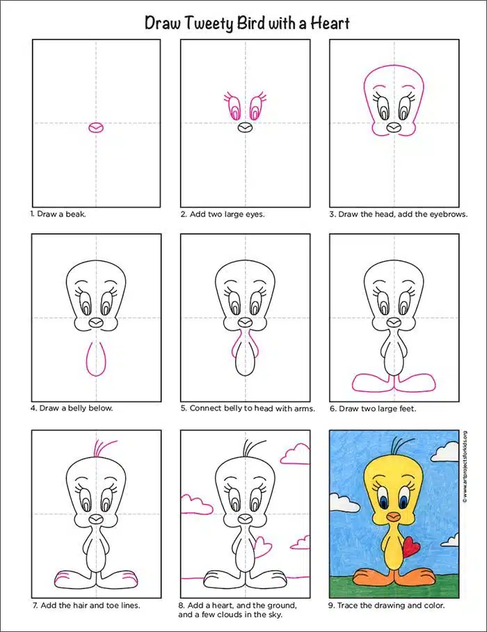 Easy how to draw tweety bird tutorial and tweety coloring page
