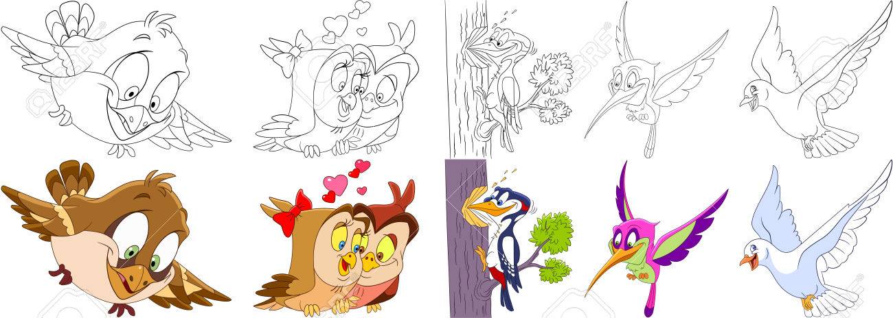 Cartoon animals set collection of birds sparrow owls in love on valentines day woodpecker hummingbird colibri pigeon dove coloring book pages for kids royalty free svg cliparts vectors and stock illustration image