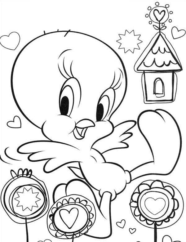 Tweety in the garden coloring page