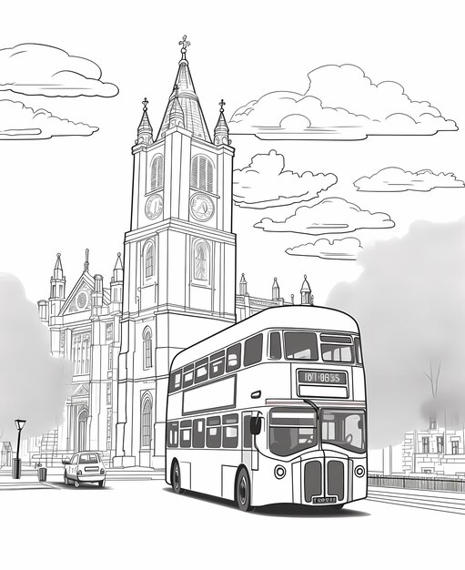 Premium ai image day at the tower bw line art coloring page twostorey bus thick cartoon