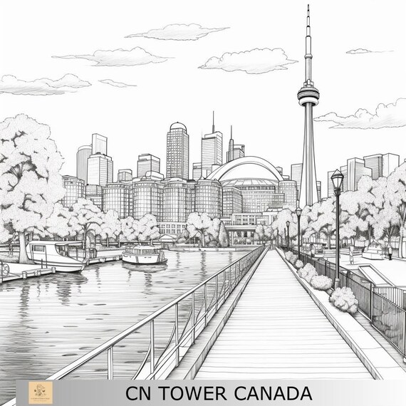 Greyscale cn tower canada printable coloring page printable adult coloring page download greyscal illustration