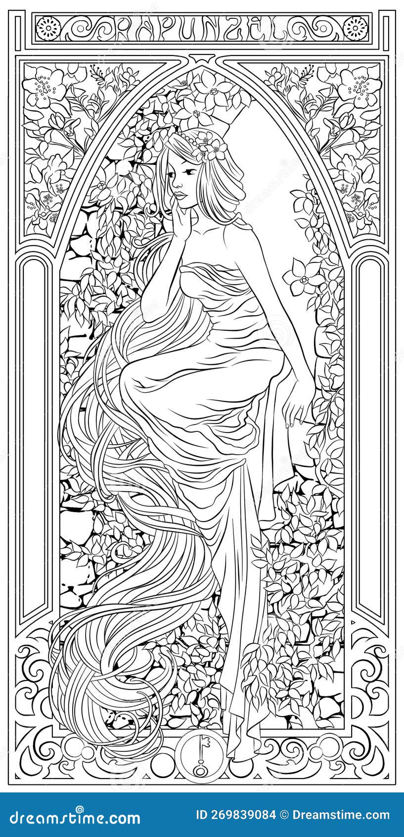 Antistress coloring page rapunzel in the tower stock illustration