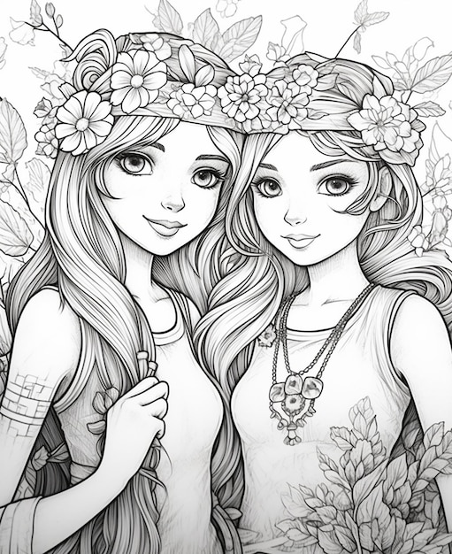 Premium ai image two girls with flowers in their hair and a necklace generative ai