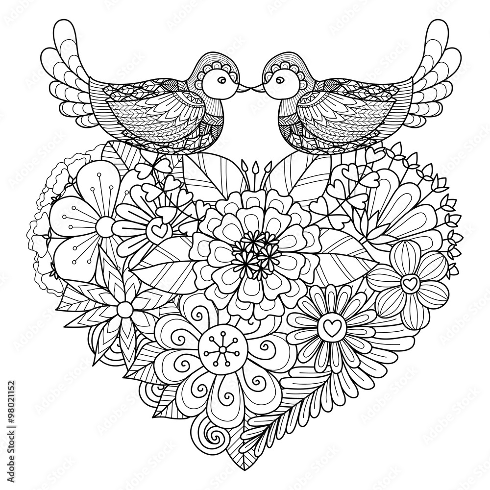 Two birds kissing above floral heart shape nest for coloring page and other decorations vector