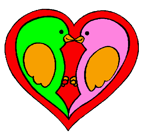 Colored page birds in love painted by two birds kissing