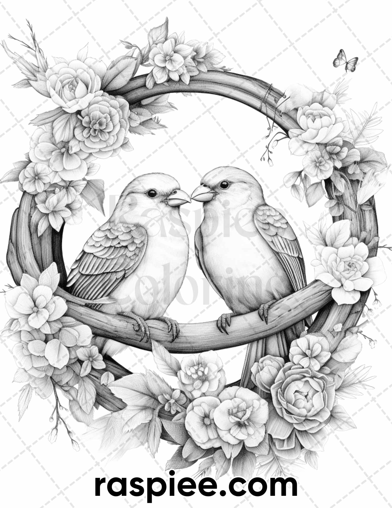 Lovebird couple with flowers grayscale coloring pages for adults p â coloring