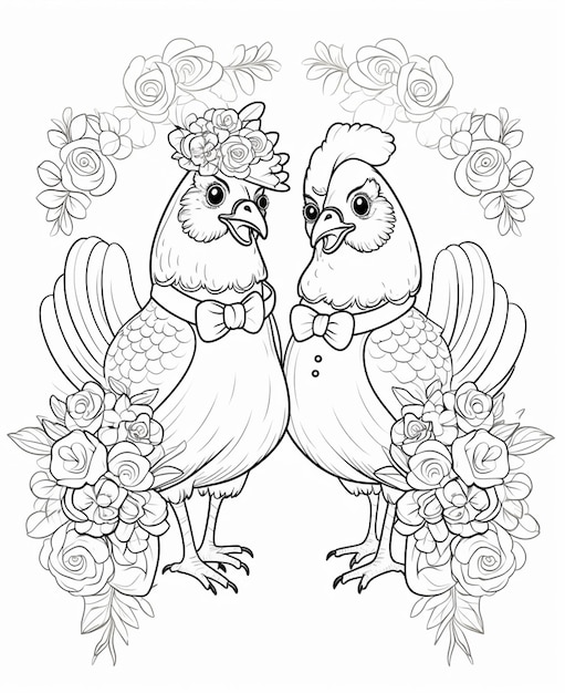 Premium ai image a coloring page of two birds with flowers and leaves generative ai