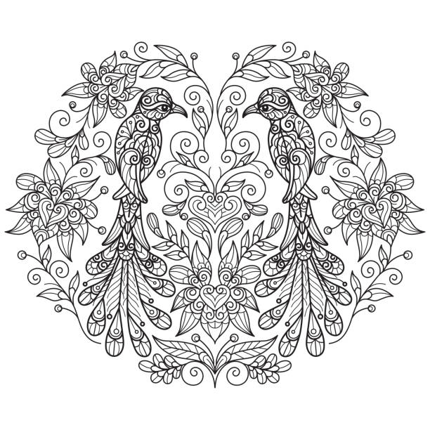 Two bird and flowers hand drawn for adult coloring book stock illustration