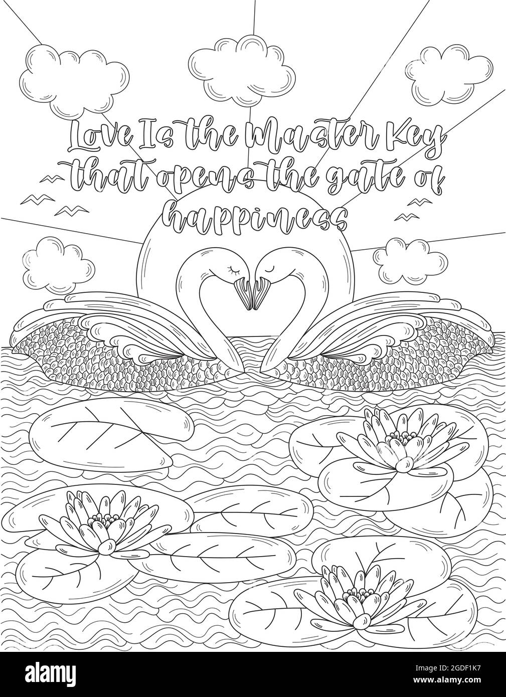 Two swans in a pond with water lilies connecting head clouds colorless line drawing birds swimming in a lake coloring book page stock vector image art