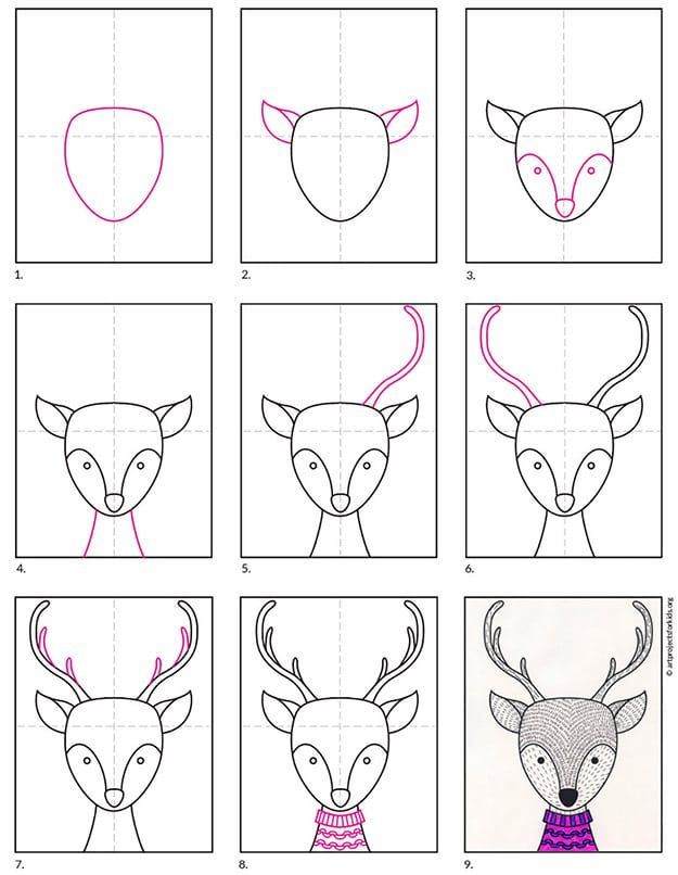 Easy how to draw a reindeer face tutorial and reindeer face coloring page winter art lesson christmas art projects reindeer drawing