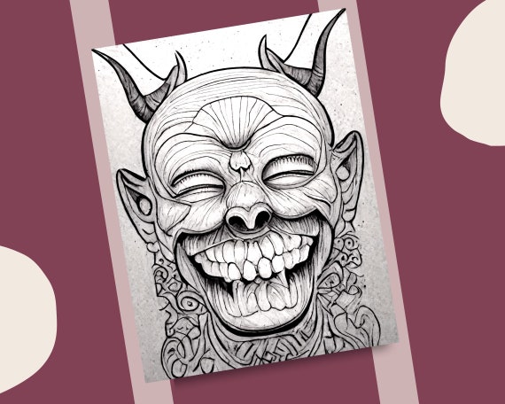 Devil face grayscale coloring pages realistic demon faces illustrations scary devil faces printable coloring book for adults